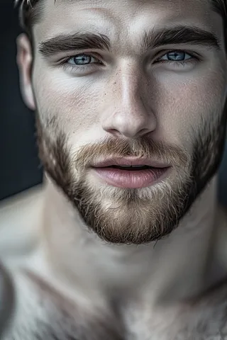 Close-up portrait of a fit hairy chested man with blue eyes and detailed beard and skin texture