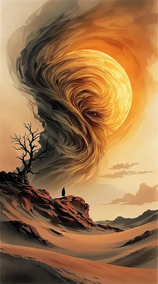 A swirling sandstorm with a faint Djinn face forms against a large setting sun over a desert with rocky dunes and a lone withered tree.