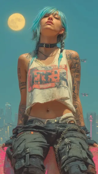 Portrait of a cyberpunk girl with icy-blue hair and extensive tattoos, wearing a white graphic crop top and black cargo pants with chains, set against a neon-lit futuristic cityscape at night under a full moon.