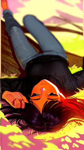 A girl with black hair and a black sweater reclining under a tree with dappled sunlight filtering through, rendered in an impressionistic style with warm colors.