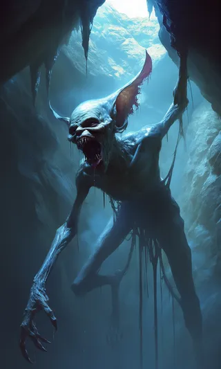 A grotesque pale-skinned creature with elongated ears and sharp teeth hanging from a rocky cave ceiling, dripping saliva, illuminated by blue-tinted light.