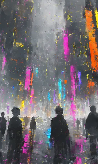 Abstract digital art of a neon cityscape in colorful gray tones with crowds of silhouetted people and vibrant reflections in water.