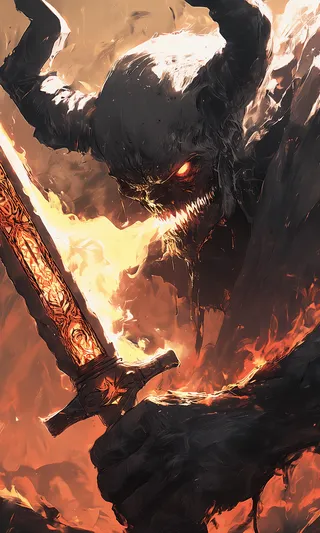 A menacing demon head with glowing red eyes and large curved horns, exhaling fire and holding a large ornate dagger with fiery glowing engravings against a fiery background.