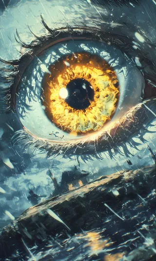 Close-up of a detailed anime-style eye with a fiery orange iris reflecting a stormy environment with rain and dark clouds.