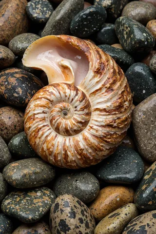 High-definition photograph of a nautilus shell sliced open revealing creamy amber spirals, resting on smooth river stones with deep earthy browns and greens.