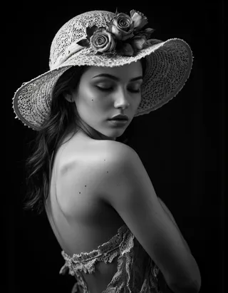 Black and white close-up portrait of a young woman wearing an intricate wide-brimmed lace hat adorned with three roses, her eyes closed and head slightly tilted down in soft chiaroscuro lighting.