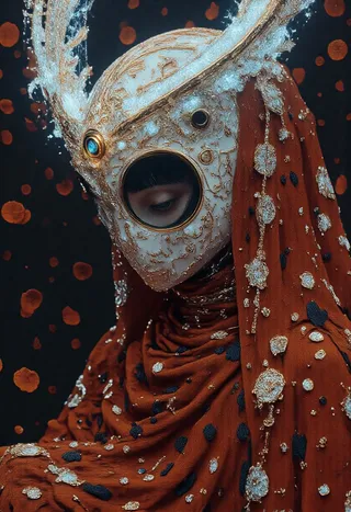 Portrait of a woman wearing an ornate, gold-embellished porcelain mask with crystalline details, draped in a red velvet fabric decorated with gold embroidery and dark spots, against a dark background with floating petals.