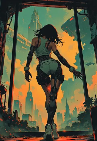 Silhouette of a futuristic girl with robotic legs wearing booty shorts and a tank top, standing in front of a large window overlooking a cyberpunk city at sunset with spaceships in the sky.