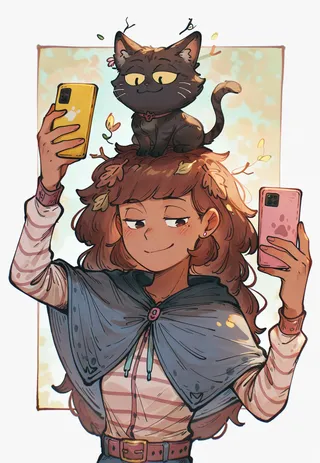 Girl with leaves in her hair and a black cat sitting on her head, taking a selfie with two smartphones, wearing a striped shirt and blue capelet.