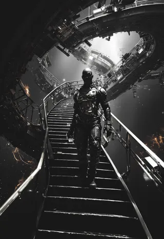 A robotic figure in a cyberpunk style descending stairs inside a massive futuristic spaceship with a complex circular structure in the background, rendered in monochrome.