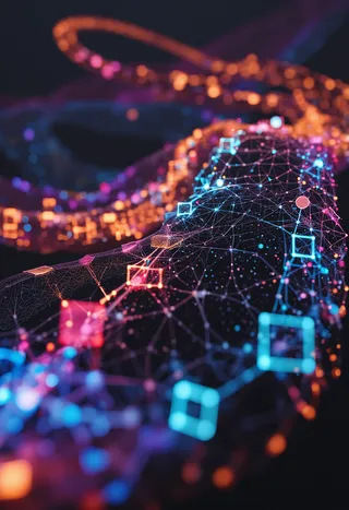 A synthetic visualization of the cellular automaton game Life with neon blue and orange squares connected by a complex network mesh, set in an otherworldly atmosphere with depth of field effect.