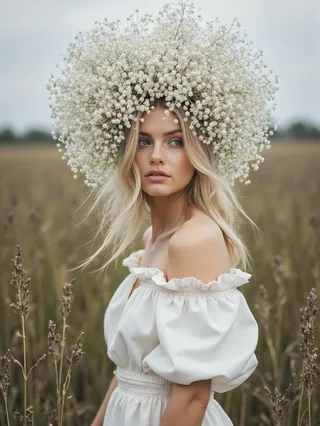 A woman in an off-shoulder white dress wearing a large baby's breath flower crown, standing in a field with a blurred natural background.