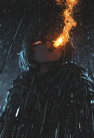 A dark-haired girl with glowing eyes smoking a cigar emitting bright fire, standing in heavy rain with dynamic perspective and dark tones.