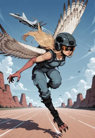 Harpy girl with blonde hair wearing a flight suit and helmet, equipped with wings and claws, running on a desert runway with fighter jets flying nearby.