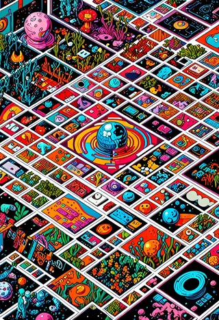 Isometric view of a colorful multidimensional cube unfolding, filled with neon sci-fi elements, surreal pop art, and intricate ascii art details.