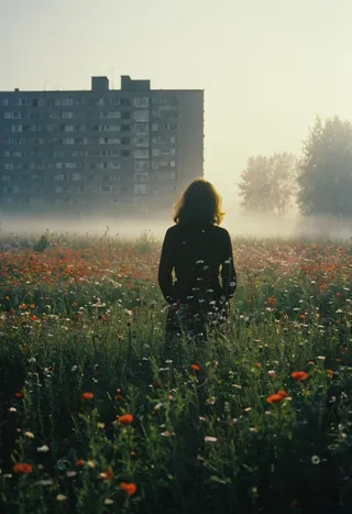 Silhouette of a woman standing in a flowers field under soft morning light with fog, with a 1970s Eastern European apartment block visible in the background