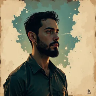 Digital portrait of a thoughtful bearded man in side profile with abstract, artistic cloudy background.