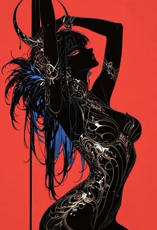 Silhouette of a seductive goddess of sin adorned in intricate ornate armor with blue feathers on a vivid red background in flat design style.