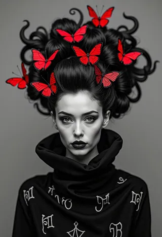 Black and white portrait of a futuristic woman with an elaborate architectural hairstyle adorned with vibrant red butterflies, dressed in a black cloth embroidered with mystical runes.