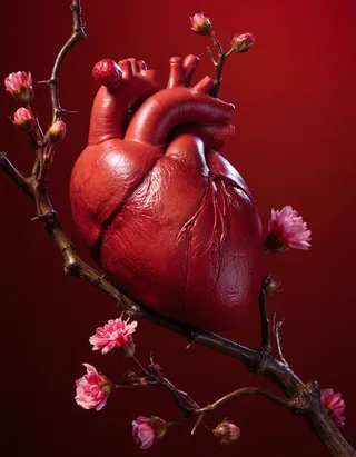 A realistic, detailed red heart intertwined with a thorny stem adorned with small pink flowers against a gradient red background.