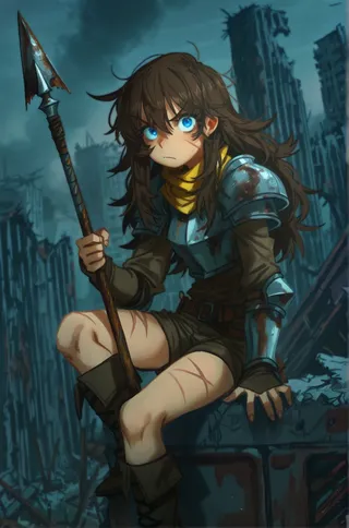 Full-body illustration of a post-apocalypse girl sitting amidst ruins, wearing armor, a yellow scarf, and holding a rusted spear, with long messy brown hair and bright blue eyes.