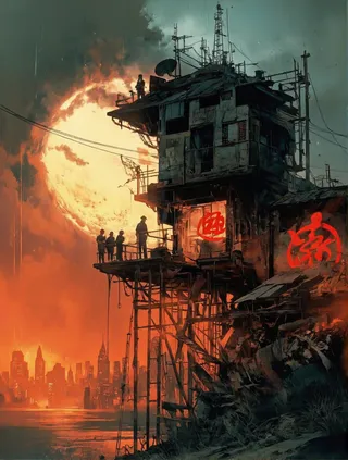 Post-apocalyptic scene with a dilapidated building on stilts overlooking water and a city skyline at sunset, silhouetted people and red Chinese symbols on windows.