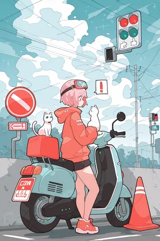 A girl with short pink hair wearing a red hoodie stands beside a light blue scooter. She holds a white cat while another cat sits on the red scooter seat. The urban setting shows traffic signs, cones, and a cloudy sky.