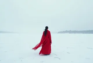 A solitary woman wearing a flowing red hanfu standing on a vast frozen lake under an overcast winter sky, surrounded by minimalistic snow and ice.