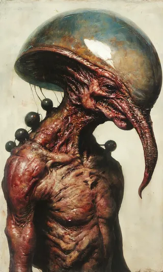A hyper-realistic painting of a grotesque alien creature with a translucent dome-like head, rough textured reddish skin, a curved beak-like mouth, muscular upper body, and dark bead-like protrusions on shoulders.