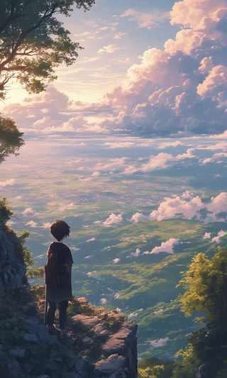 Anime style scene of a solitary figure standing on a mountain cliff overlooking a vast expanse of green landscape under a moody, detailed sky filled with sunset clouds.