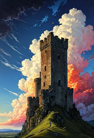 Old ruined castle watch tower on a rocky hill with a dramatic sky filled with colorful, epic clouds during sunset.