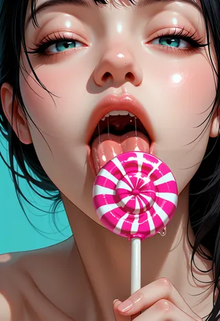 Close-up image of a girl with half-closed eyes licking a large pink and white striped lollipop, saliva visible, against a blue background.