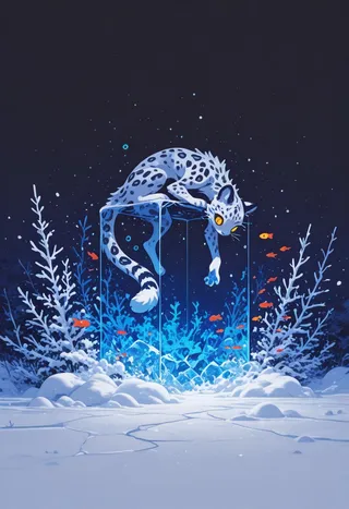 A flat vector illustration of a snow-leopard anthro girl with white fur and black spots, golden slit pupils, and a fluffy tail, leaning on a transparent ice block surrounded by underwater fish and icy plants.