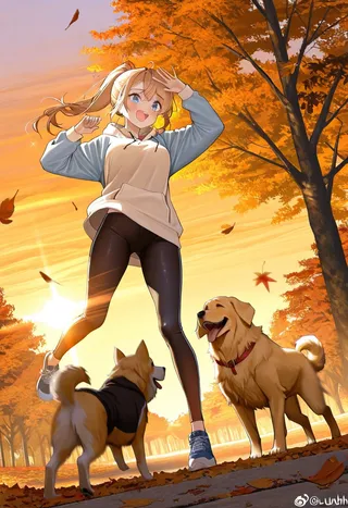 A cheerful girl with sparkling blue eyes and a windswept ponytail wearing sporty leggings and a hoodie stands in a golden autumn park, surrounded by fallen leaves and two playful dogs including a golden retriever, with warm sunset light and motion blur on the dog.