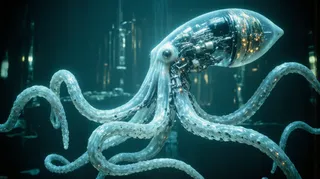 A biomechanical octopus with translucent, glass-like tentacles and glowing internal mechanisms swimming in a dark teal-green futuristic underwater environment with metallic accents and reflective surfaces.