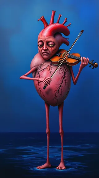 A surreal, anatomical human heart with a melancholic face plays a violin, standing on long slender legs against a textured blue background resembling water or sky.
