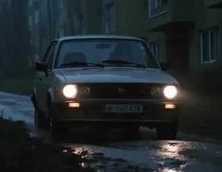 A white Lada car driving on a muddy road at night with headlights on, flanked by Soviet apartment blocks, with a driver wearing a grey jacket inside.