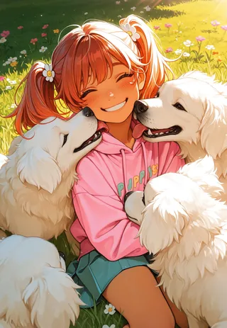 Anime-style schoolgirl with twin tails smiling joyfully in a sunny park surrounded by fluffy white puppies, wearing a pink hoodie and teal skirt.