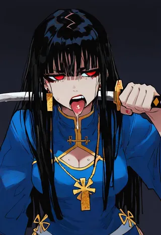 Portrait of a Chinese girl in a blue qipao with gold accents, holding a katana horizontally while licking its blade, featuring red eyeshadow and wet long hair.