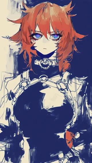 A sulking girl with vivid orange hair and deep blue eyes wearing a chest harness and o-ring collar, depicted in a sketchy and painterly art style with partial coloring.