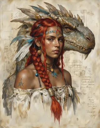 A detailed portrait of a tribal woman with vibrant red braided hair adorned with feathers and jewelry, standing next to a large dragon head, set against an old paper background with sketches.