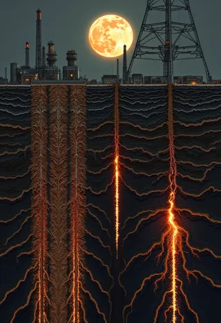 Moonlit night industrial landscape showing shale gas production setup with gas wells and underground cracks glowing orange in the geological layers beneath the soil.