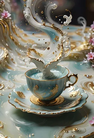 Close-up of a luxurious blue tea cup with intricate gold detailing, swirling white and gold splash resembling waves, adorned with pearl accents and floral decorations.
