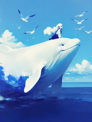 A girl with large, flowing hair rides on the back of a majestic white whale splashing through deep blue ocean waters under a bright blue sky with seagulls flying around.