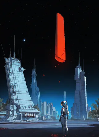 A person in a futuristic space suit standing outdoors at night, looking up at a large floating red stone surrounded by tall, sci-fi style buildings under a starry sky.