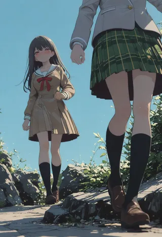 Two girls walking forward on a sunny day with a clear blue sky, wearing distinct school uniforms, captured from a low angle with cinematic lighting.