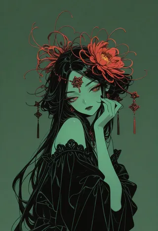 A goddess of flowers with long black hair adorned with large red flowers and intricate ornaments, posed seductively against a flat green background in flat design style.