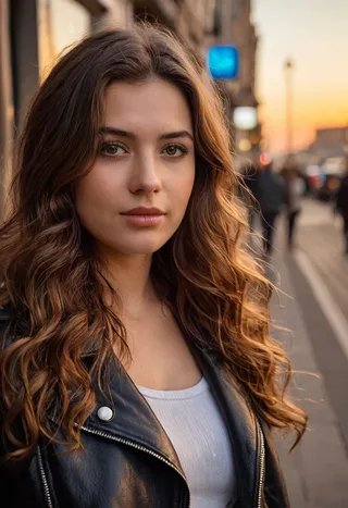 Ultra-realistic portrait of a young woman with long wavy brown hair wearing a black leather jacket over a white top, standing on a city street at sunset with a bokeh background.