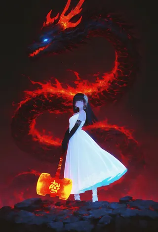 A woman in a white dress with black gloves stands holding a glowing red hammer, with a fiery red and black holographic dragon swirling in the dark background.