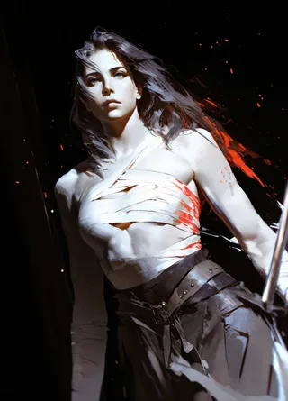 Photorealistic depiction of a muscular female warrior with dark hair, wearing warped bandage-like wrap on torso stained with red accents, set against a dark background with dramatic lighting.